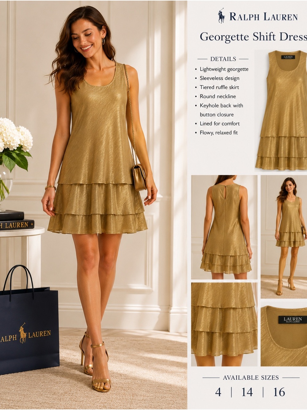 Ralph Lauren Metallic Gold Tiered Georgette Mini Dress